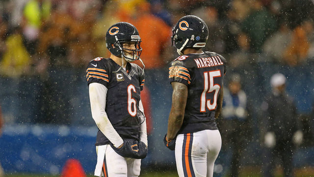 CHICAGO, IL - NOVEMBER 11: Jay Cutler #6 and Brandon Marshall #15 of the Chicago Bears talk during a replay break against the Houston Texans at Soldier Field on November 11, 2012 in Chicago, Illinois. The Texans defeated the Bears 13-6.