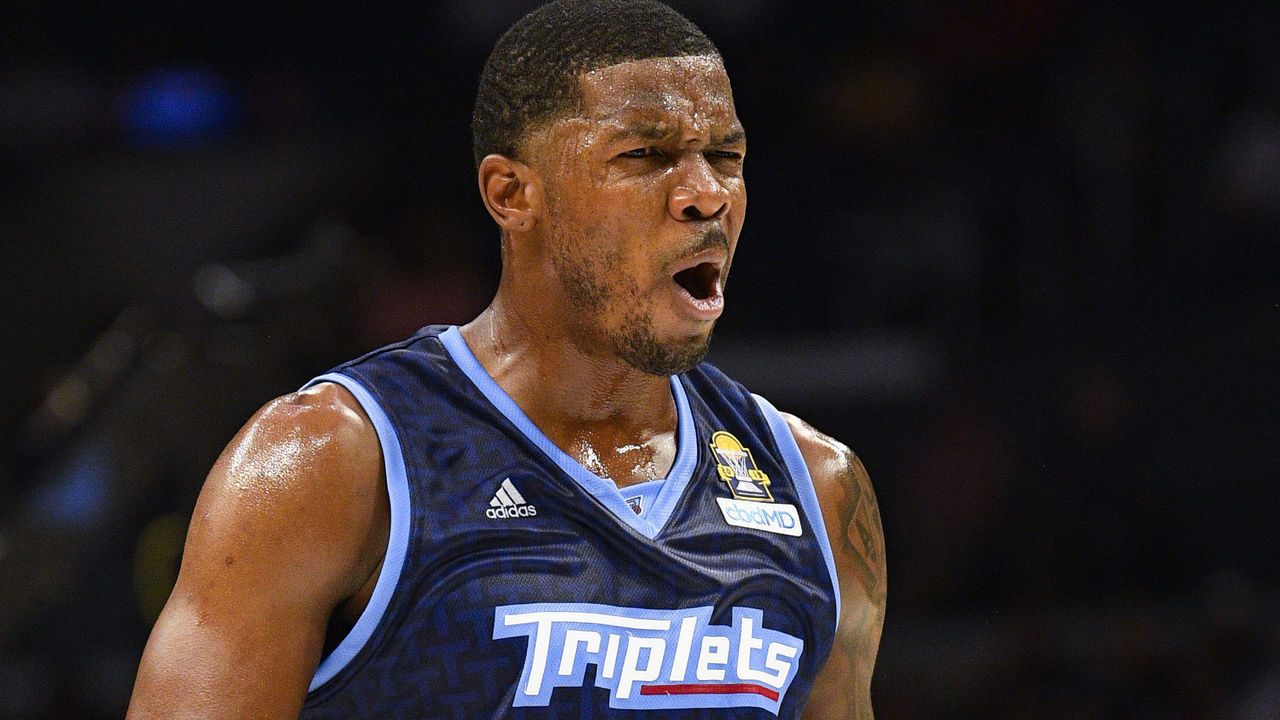 LOS ANGELES, CA - SEPTEMBER 01: Triplets guard Joe Johnson (1) celebrates during the BIG3 championship game between the Triplets and the Killer 3's on September 1, 2019 at the Staples Center in Los Angeles, CA.