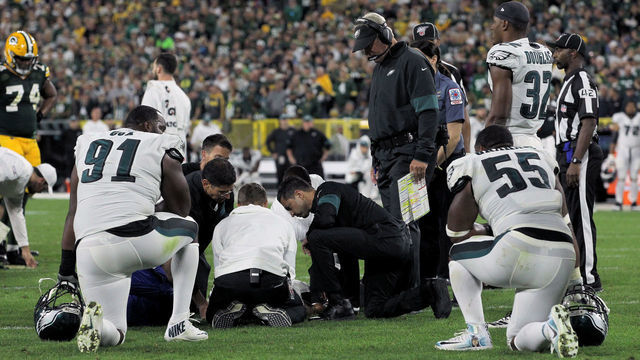 GREEN BAY, WISCONSIN - SEPTEMBER 26: Avonte Maddox #29 of the Philadelphia Eagles is attended to after being injured in the fourth quarter against the Green Bay Packers at Lambeau Field on September 26, 2019 in Green Bay, Wisconsin.