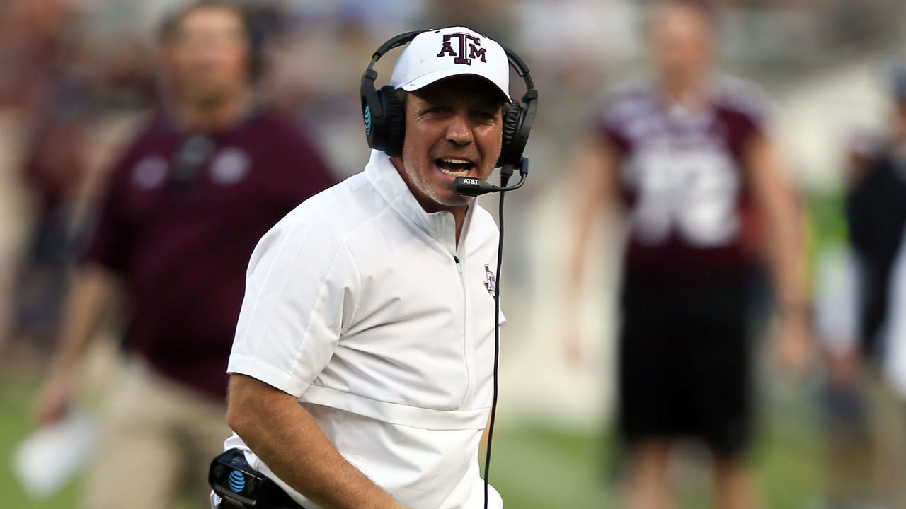 COLLEGE STATION, TEXAS - SEPTEMBER 21: Head coach Jimbo Fisher of the Texas A&M Aggies argues with officials during the first quarter against the Auburn Tigers at Kyle Field on September 21, 2019 in College Station, Texas.