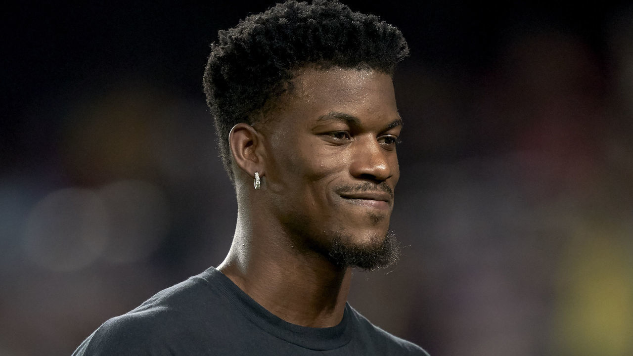 BARCELONA, SPAIN - SEPTEMBER 14: Former player of Miami Heat Jimmy Butler attends the La Liga match between FC Barcelona and Valencia CF at Camp Nou on September 14, 2019 in Barcelona, Spain.