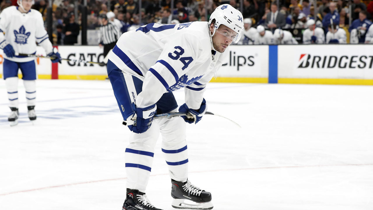BOSTON, MA - APRIL 11: Toronto Maple Leafs center Auston Matthews (34) waits to be called in for an offensive zone face off during Game 1 of the First Round between the Boston Bruins and the Toronto Maple Leafs on April 11, 2019, at TD Garden in Boston, Massachusetts.