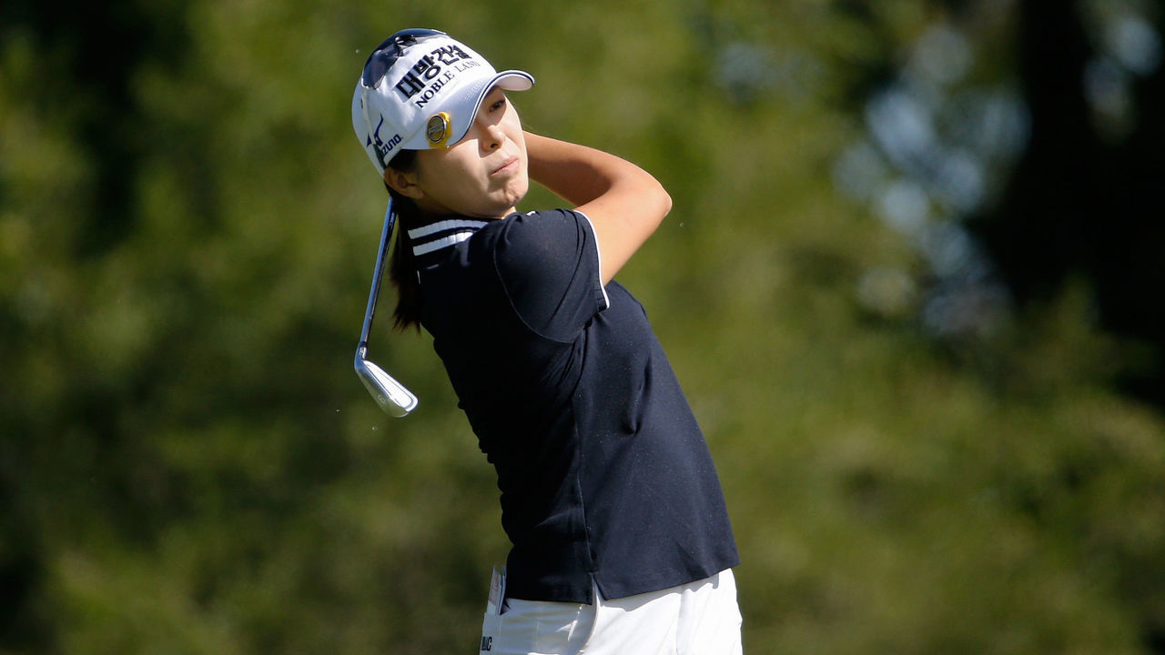 INDIANAPOLIS, IN - SEPTEMBER 26: Mi Jung Hur of Korea hits her tee shot on the seventh hole during the first round of the Indy Women In Tech Championship Driven by Group 1001 held at the Brickyard Crossing Golf Club on September 26, 2019 in Indianapolis, Indiana.