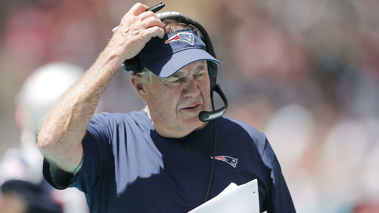MIAMI, FLORIDA - SEPTEMBER 15: Head coach Bill Belichick of the New England Patriots reacts against the Miami Dolphins at Hard Rock Stadium on September 15, 2019 in Miami, Florida.
