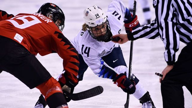 Canada's Brianne Jenner (L) and USA's Brianna Decker face off in the women's preliminary round ice hockey match between the US and Canada during the Pyeongchang 2018 Winter Olympic Games at the Kwandong Hockey Centre in Gangneung on February 15, 2018. / AFP PHOTO / Brendan Smialowski
