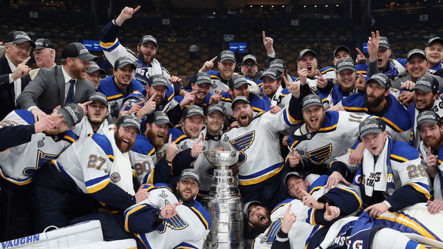 BOSTON, MASSACHUSETTS - JUNE 12: The St. Louis Blues celebrate their Stanley Cup victory following the Blues victory over the Boston Bruins at TD Garden on June 12, 2019 in Boston, Massachusetts.