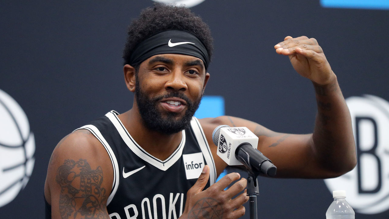 NEW YORK, NEW YORK - SEPTEMBER 27: Kryie Irving #11 of the Brooklyn Nets speaks to media during Brooklyn Nets Media Day at HSS Training Center on September 27, 2019 in the Brooklyn Borough of New York City.