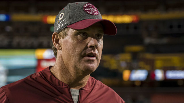 LANDOVER, MD - SEPTEMBER 23: Head coach Jay Gruden of the Washington Redskins leaves the field after the game against the Chicago Bears at FedExField on September 23, 2019 in Landover, Maryland.