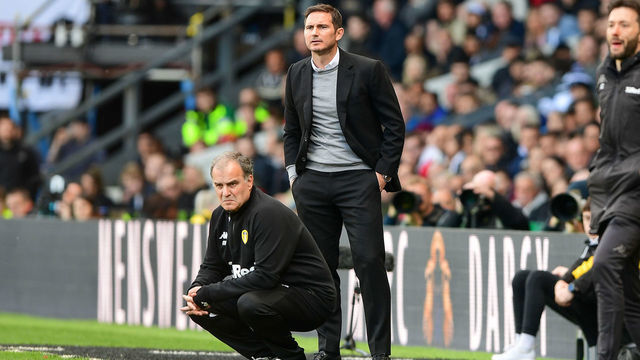 Derby County Manager Frank Lampard and Marcelo Bielsa manager of Leeds Utd during the Sky Bet Championship Play off Semi Final 1st leg match between Derby County and Leeds United at the Pride Park, Derby on Saturday 11th May 2019.
