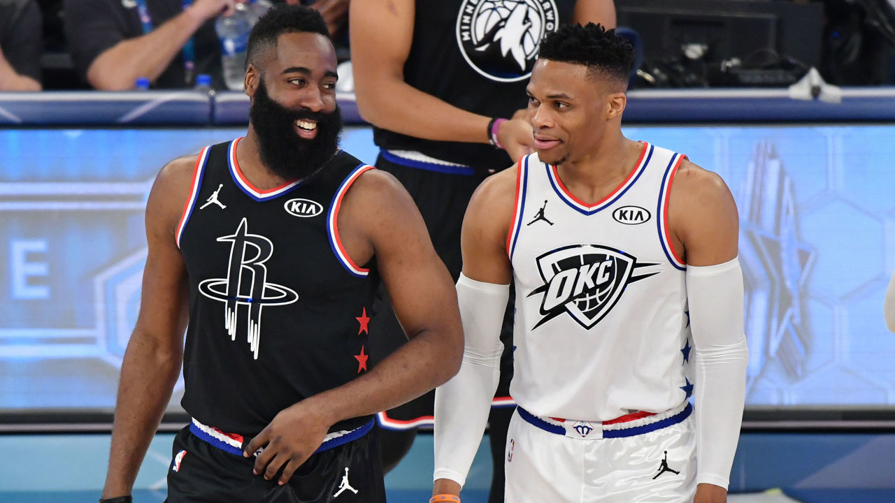 CHARLOTTE, NC - FEBRUARY 17: James Harden #13 of Team LeBron and Russell Westbrook #0 of Team Giannis look on during the 2019 NBA All Star Game on February 17, 2019 at Spectrum Center in Charlotte, North Carolina. Mandatory Copyright Notice: Copyright 2019 NBAE