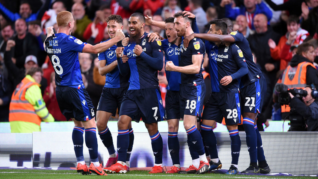 STOKE ON TRENT, ENGLAND - SEPTEMBER 27: Lewis Grabban of Nottingham Forest celebrates after he scores during the Sky Bet Championship match between Stoke City and Nottingham Forest at Bet365 Stadium on September 27, 2019 in Stoke on Trent, England.