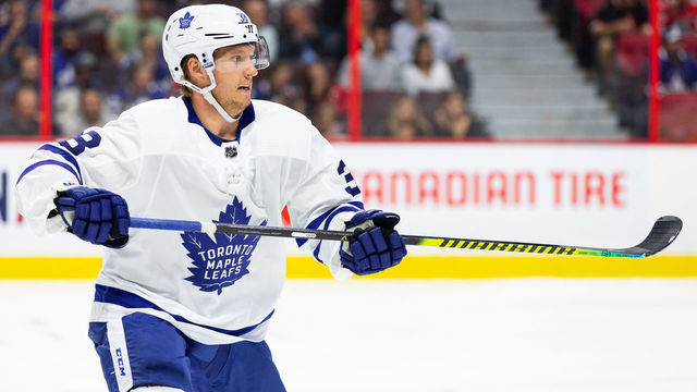 OTTAWA, ON - SEPTEMBER 18: Toronto Maple Leafs defenseman Rasmus Sandin (38) tracks the play during second period National Hockey League preseason action between the Toronto Maple Leafs and Ottawa Senators on September 18, 2019, at Canadian Tire Centre in Ottawa, ON, Canada.