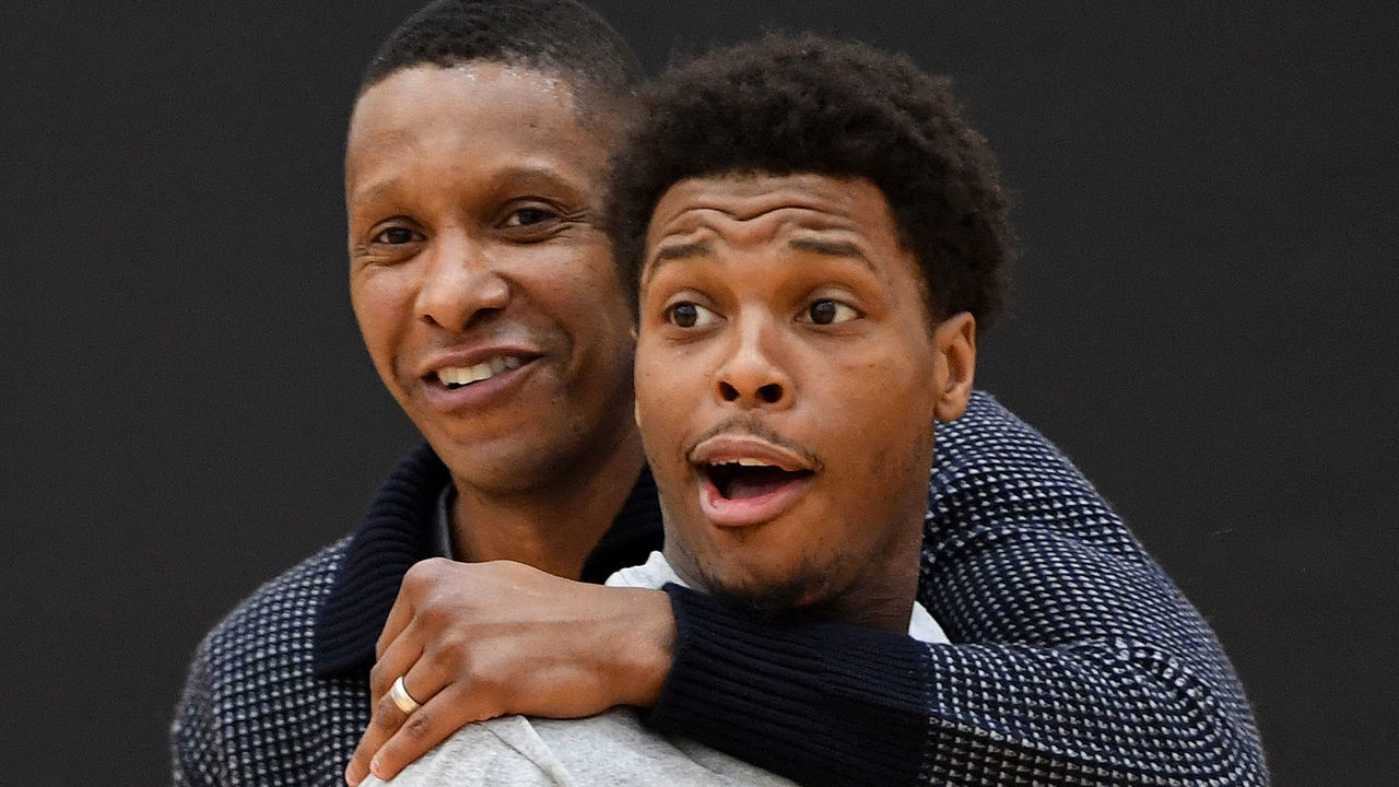 TORONTO, CANADA - FEBRUARY 05: Kyle Lowry #7 and Masai Ujiri of the Toronto Raptors greet each other during an open practice at BioSteel Centre Toronto Ontario, Canada on February 5, 2018. Mandatory Copyright Notice: Copyright 2018 NBAE