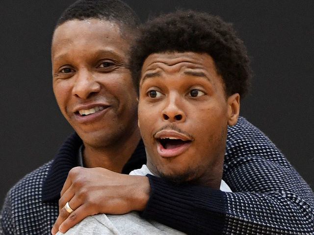 TORONTO, CANADA - FEBRUARY 05: Kyle Lowry #7 and Masai Ujiri of the Toronto Raptors greet each other during an open practice at BioSteel Centre Toronto Ontario, Canada on February 5, 2018. Mandatory Copyright Notice: Copyright 2018 NBAE