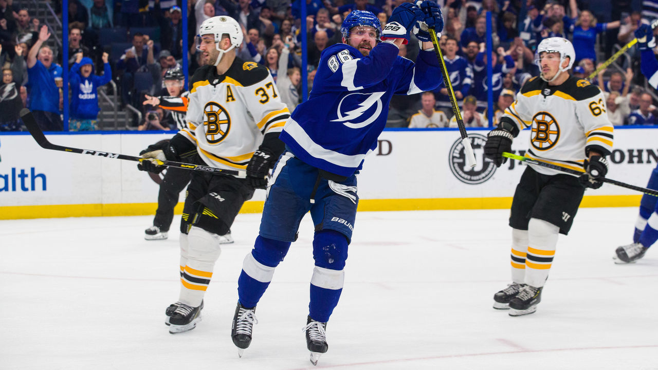 TAMPA, FL - MARCH 25: Nikita Kucherov #86 of the Tampa Bay Lightning celebrates a goal against the Boston Bruins during the third period at Amalie Arena on March 25, 2019 in Tampa, Florida. "n"n