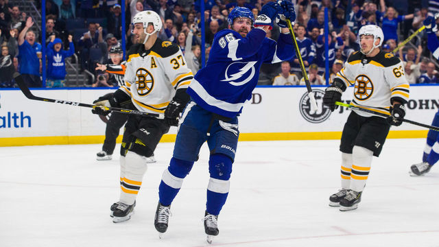 TAMPA, FL - MARCH 25: Nikita Kucherov #86 of the Tampa Bay Lightning celebrates a goal against the Boston Bruins during the third period at Amalie Arena on March 25, 2019 in Tampa, Florida. "n"n
