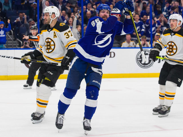 TAMPA, FL - MARCH 25: Nikita Kucherov #86 of the Tampa Bay Lightning celebrates a goal against the Boston Bruins during the third period at Amalie Arena on March 25, 2019 in Tampa, Florida. "n"n