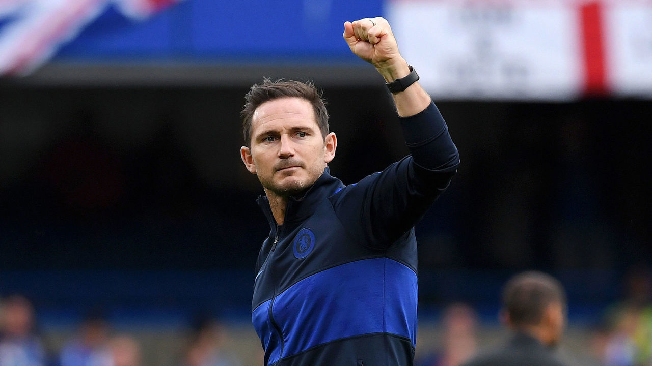 LONDON, ENGLAND - SEPTEMBER 28: Frank Lampard, Manager of Chelsea acknowledges the fans following victory in the Premier League match between Chelsea FC and Brighton & Hove Albion at Stamford Bridge on September 28, 2019 in London, United Kingdom.