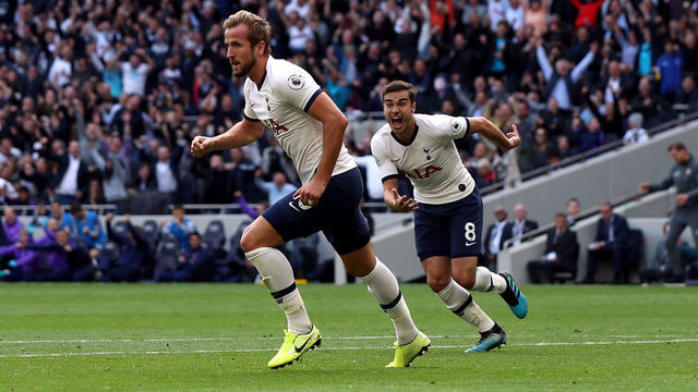 Tottenham Hotspur's Harry Kane celebrates scoring his side's second goal of the game during the Premier League match at the Tottenham Hotspur Stadium, London.