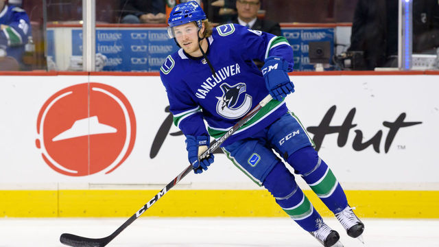 VANCOUVER, BC - MARCH 09: Vancouver Canucks Right Wing Brock Boeser (6) skates with the puck during warmup prior to their NHL game against the Vegas Golden Knights at Rogers Arena on March 9, 2019 in Vancouver, British Columbia, Canada. Vegas won 6-2.