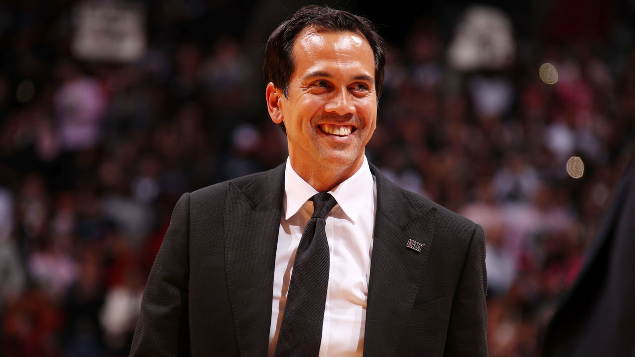 MIAMI, FL - APRIL 9: Erik Spoelstra of the Miami Heat seen during the game against the Philadelphia 76ers on April 9, 2019 at American Airlines Arena in Miami, Florida. Mandatory Copyright Notice: Copyright 2019 NBAE