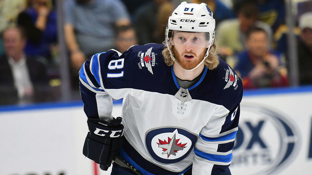 ST. LOUIS, MO - APRIL 20: Winnipeg Jets leftwing Kyle Connor (81) gets ready to take a face off during a first round Stanley Cup Playoffs game between the Winnipeg Jets and the St. Louis Blues, on April 20, 2019, at Enterprise Center, St. Louis, Mo.
