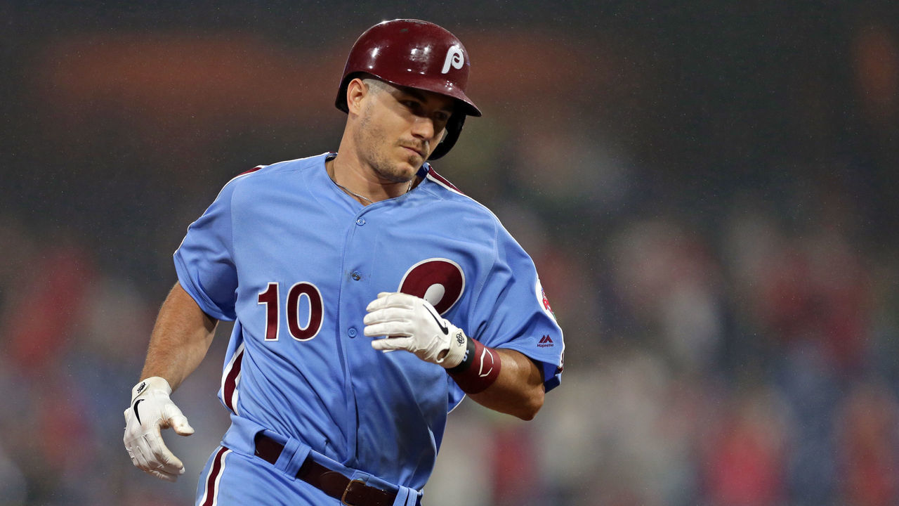 PHILADELPHIA, PA - SEPTEMBER 12: J.T. Realmuto #10 of the Philadelphia Phillies during a game against the Atlanta Braves at Citizens Bank Park on September 12, 2019 in Philadelphia, Pennsylvania. The Phillies won 9-5.