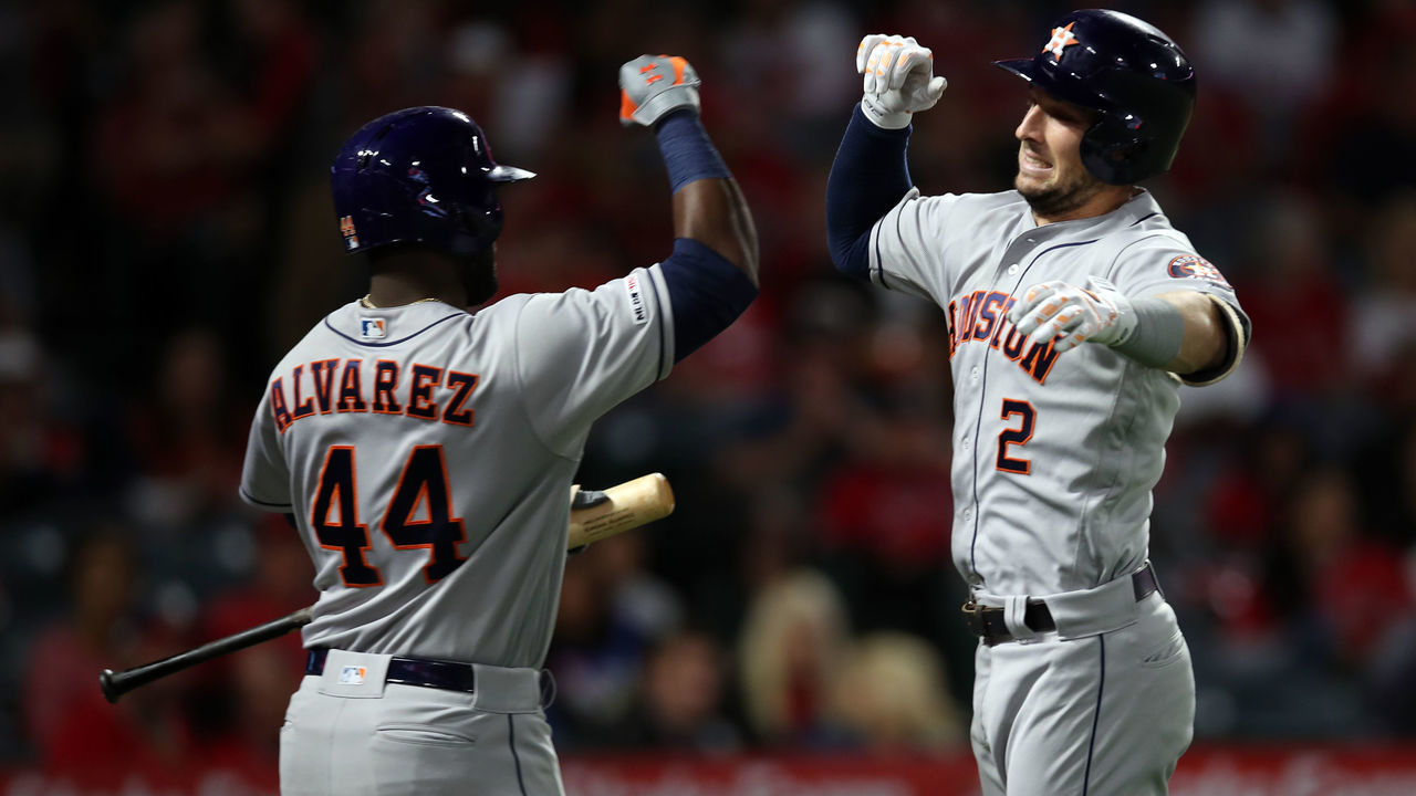 ANAHEIM, CA - SEPTEMBER 27: Yordan Alvarez #44 celebrates with Alex Bregman #2 of the Houston Astros after he hits a home run against the Los Angeles Angels at Angel Stadium on Friday, September 27, 2019 in Anaheim, California.