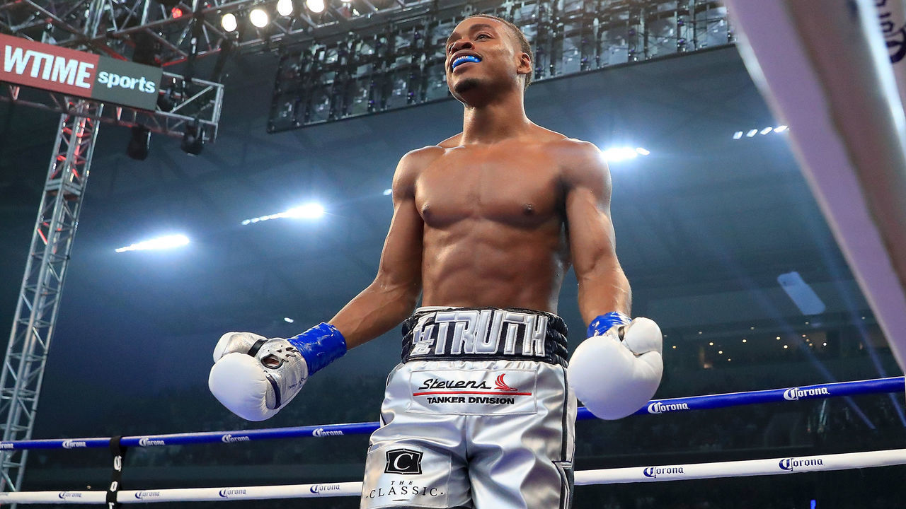 FRISCO, TX - JUNE 16: Errol Spence Jr. reacts after knocking out Carlos Ocampo in the first round of a IBF Welterweight Championship bout at The Ford Center at The Star on June 16, 2018 in Frisco, Texas.