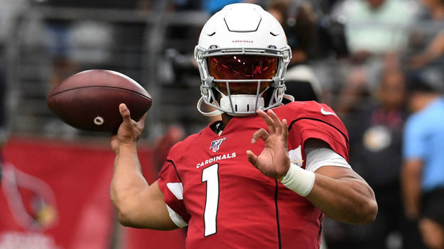 GLENDALE, ARIZONA - SEPTEMBER 22: Kyler Murray #1 of the Arizona Cardinals prepares for a game against the Carolina Panthers at State Farm Stadium on September 22, 2019 in Glendale, Arizona.