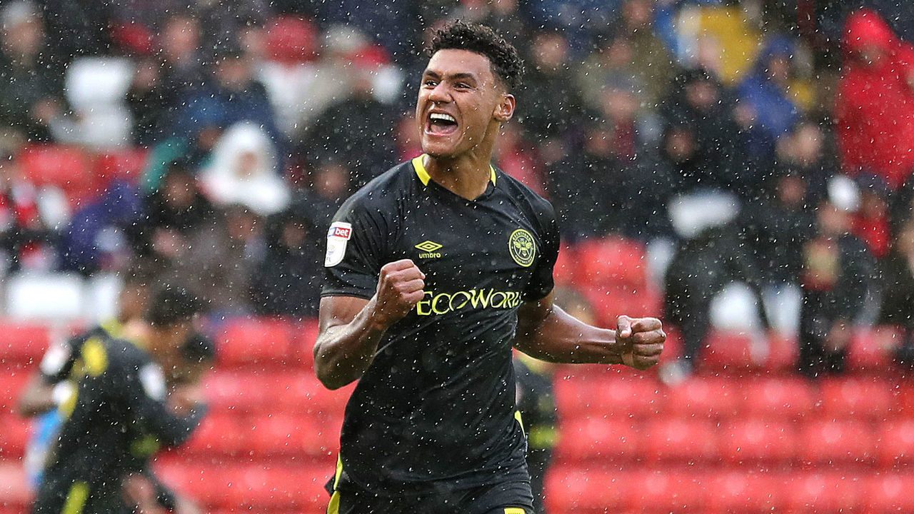Brentford's Ollie Watkins celebrates scoring his side's third goal of the game during the Sky Bet Championship match at Oakwell, Barnsley.