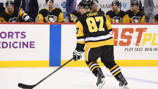 PITTSBURGH, PA - SEPTEMBER 25: Pittsburgh Penguins center Sidney Crosby (87) skates with the puck during the second period in the NHL game between the Pittsburgh Penguins and the Detroit Red Wings on September 25, 2019, at PPG Paints Arena in Pittsburgh, PA.