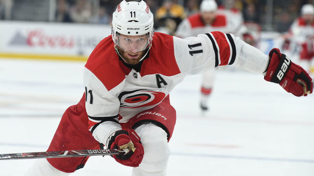 BOSTON, MA - MAY 9: Jordan Staal #11 of the Carolina Hurricanes skates against the Boston Bruins in Game One of the Eastern Conference Final during the 2019 NHL Stanley Cup Playoffs at the TD Garden on May 9, 2019 in Boston, Massachusetts.