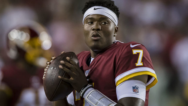 LANDOVER, MD - SEPTEMBER 23: Dwayne Haskins #7 of the Washington Redskins warms up against the Chicago Bears during the second half at FedExField on September 23, 2019 in Landover, Maryland.