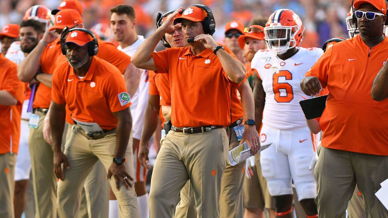 CHAPEL HILL, NC - SEPTEMBER 28: Clemson Tigers head coach Dabo Swinney and the rest of the coaching staff look on as the North Carolina Tar Heels are on the half yard line with the ball in the game between the Clemson Tigers and the North Carolina Tar Heels on September 28, 2019 at Kenen Memorial Stadium in Chapel Hill, NC.