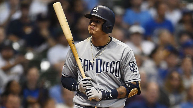 MILWAUKEE, WISCONSIN - SEPTEMBER 18: Manny Machado #13 of the San Diego Padres reacts to a called strike during the eighth inning against the Milwaukee Brewers at Miller Park on September 18, 2019 in Milwaukee, Wisconsin.