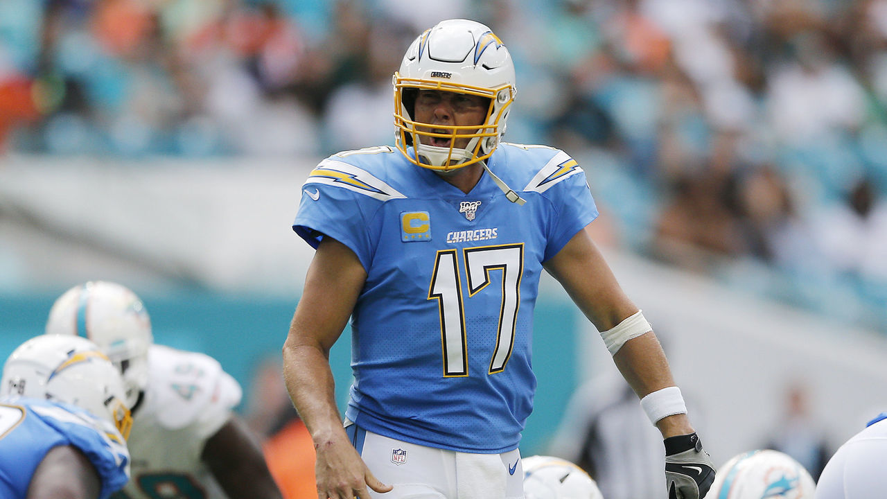 MIAMI, FLORIDA - SEPTEMBER 29: Philip Rivers #17 of the Los Angeles Chargers reacts against the Miami Dolphins during the third quarter at Hard Rock Stadium on September 29, 2019 in Miami, Florida.