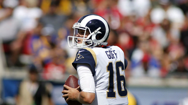LOS ANGELES, CALIFORNIA - SEPTEMBER 29: Quarterback Jared Goff #16 of the Los Angeles Rams looks on during the first quarter against the Tampa Bay Buccaneers at Los Angeles Memorial Coliseum on September 29, 2019 in Los Angeles, California.