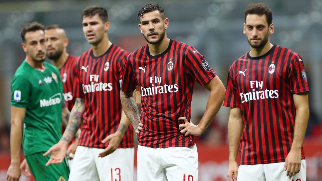 Dejection of Alessio Romagnoli, Theo Hernandez and Hakan Calhanoglu of Milan during the Serie A match AC Milan v ACF Fiorentina at the San Siro Stadium in Milan, Italy on September 29, 2019