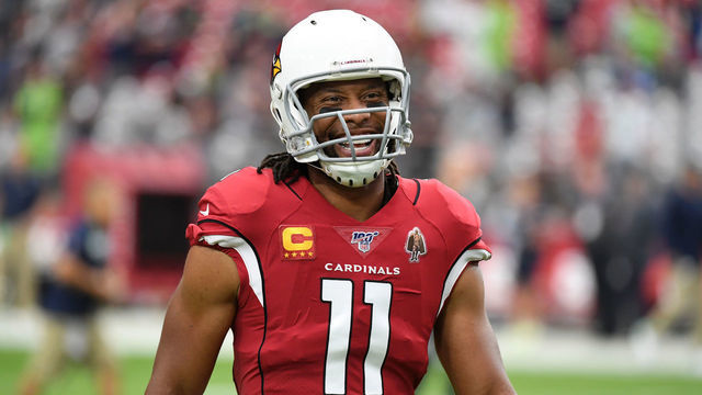GLENDALE, ARIZONA - SEPTEMBER 29: Larry Fitzgerald #11 of the Arizona Cardinals prepares for a game against the Seattle Seahawks at State Farm Stadium on September 29, 2019 in Glendale, Arizona.