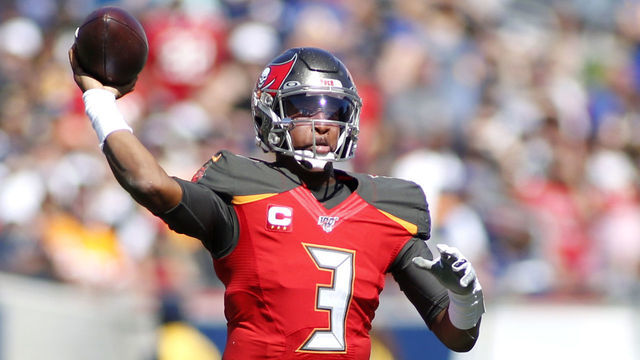 LOS ANGELES, CALIFORNIA - SEPTEMBER 29: Quarterback Jameis Winston #3 of the Tampa Bay Buccaneers drops back to pass the ball during the second quarter against the Los Angeles Rams at Los Angeles Memorial Coliseum on September 29, 2019 in Los Angeles, California.