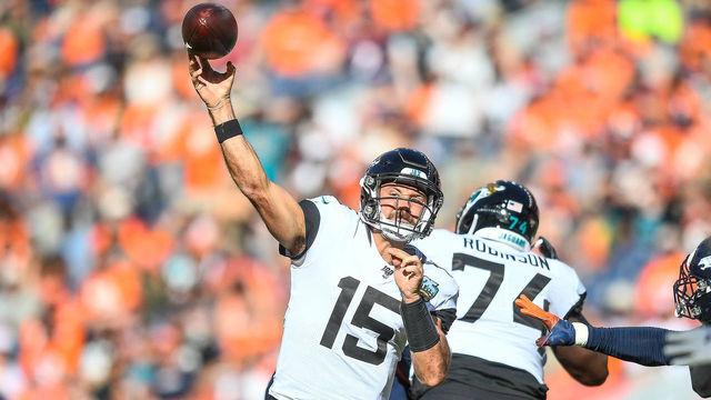 DENVER, CO - SEPTEMBER 29: Gardner Minshew #15 of the Jacksonville Jaguars passes against the Denver Broncos in the second quarter of a game at Empower Field at Mile High on September 29, 2019 in Denver, Colorado.