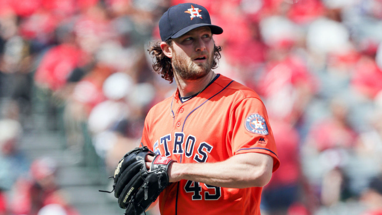 ANAHEIM, CALIFORNIA - SEPTEMBER 29: Gerrit Cole #45 of the Houston Astros walks back to the dugout after pitching in the third inning against the Los Angeles Angels of Anaheim at Angel Stadium of Anaheim on September 29, 2019 in Anaheim, California.