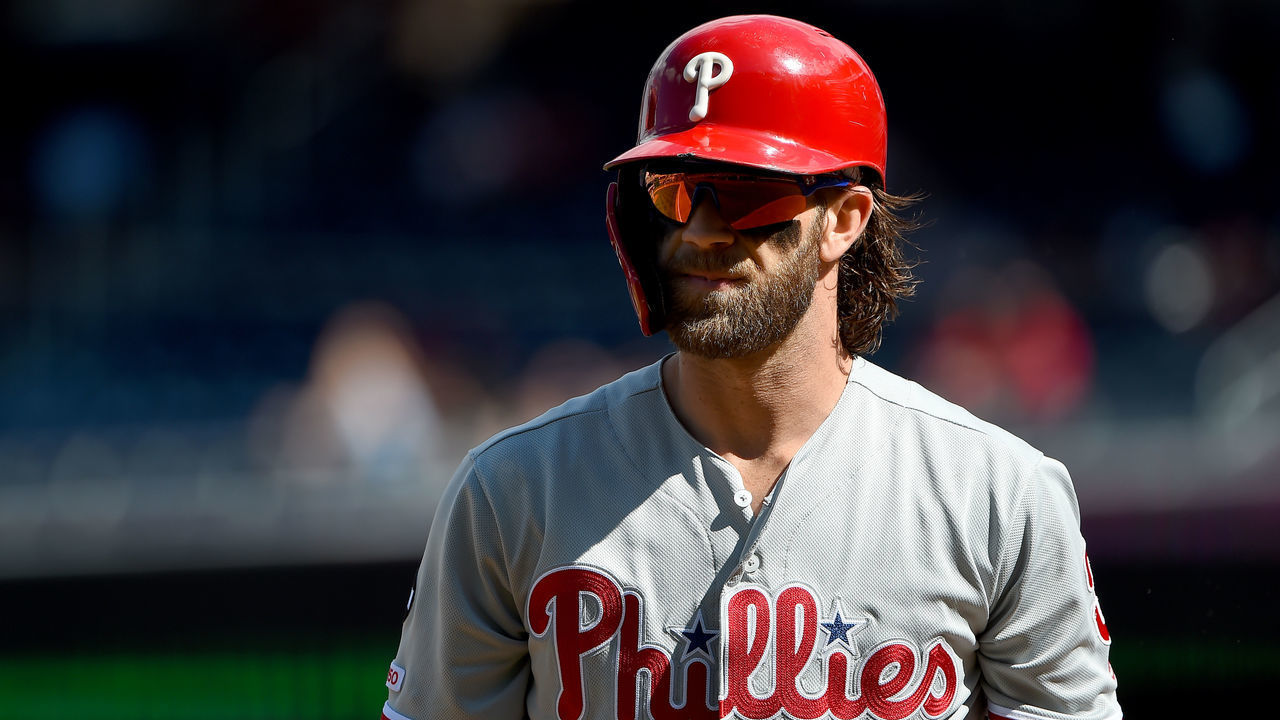 WASHINGTON, DC - SEPTEMBER 24: Bryce Harper #3 of the Philadelphia Phillies at bat against the Washington Nationals during game one of a doubleheader at Nationals Park on September 24, 2019 in Washington, DC.