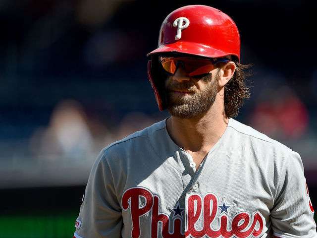 WASHINGTON, DC - SEPTEMBER 24: Bryce Harper #3 of the Philadelphia Phillies at bat against the Washington Nationals during game one of a doubleheader at Nationals Park on September 24, 2019 in Washington, DC.