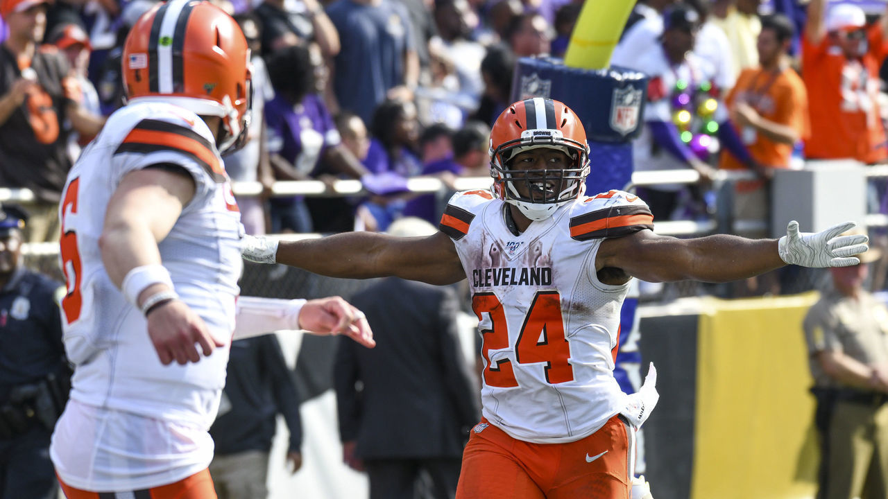 BALTIMORE, MD - SEPTEMBER 29: Cleveland Browns running back Nick Chubb (24) celebrates after running for an 88 yard touchdown in the fourth quarter against the Baltimore Ravens on September 29, 2019, at M&T Bank Stadium in Baltimore, MD.
