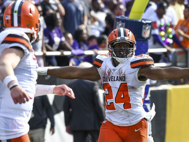 BALTIMORE, MD - SEPTEMBER 29: Cleveland Browns running back Nick Chubb (24) celebrates after running for an 88 yard touchdown in the fourth quarter against the Baltimore Ravens on September 29, 2019, at M&T Bank Stadium in Baltimore, MD.