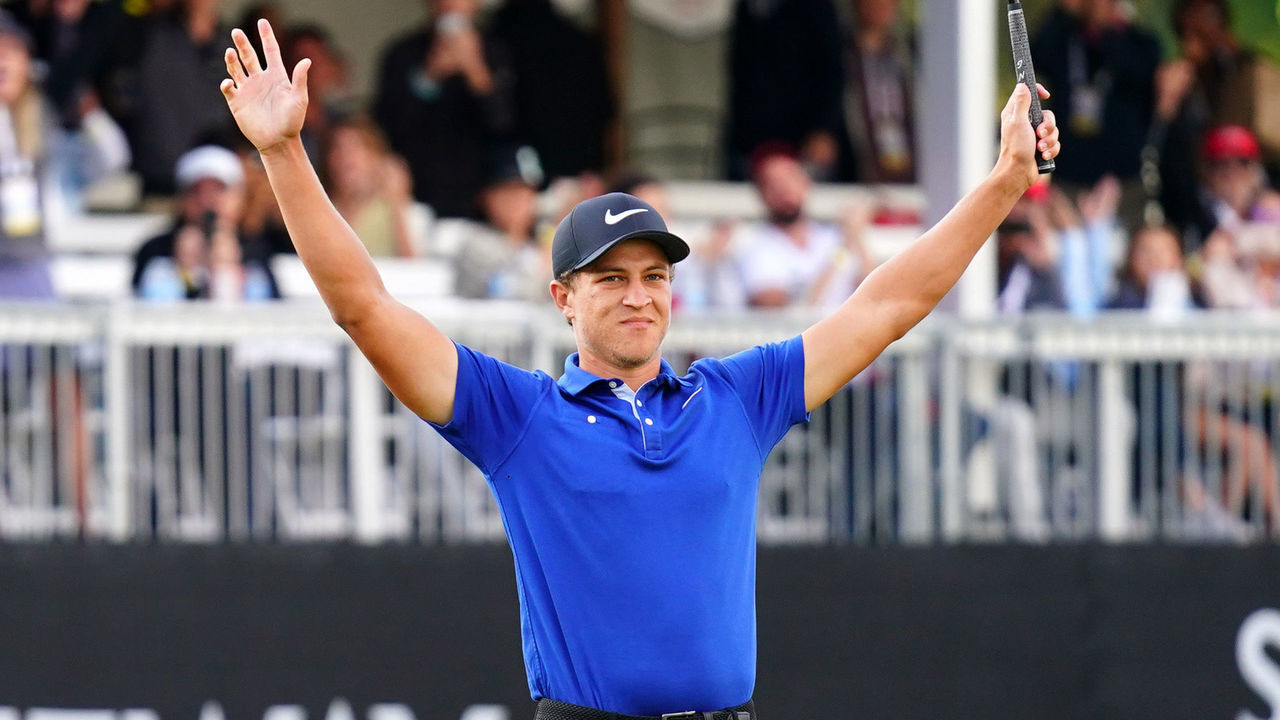 NAPA, CALIFORNIA - SEPTEMBER 29: Cameron Champ reacts to winning the final round of the Safeway Open at the Silverado Resort on September 29, 2019 in Napa, California.