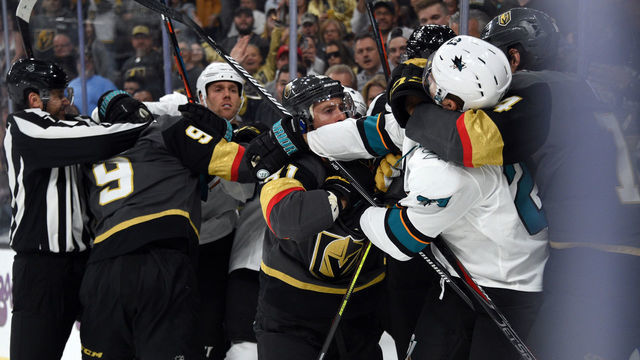 LAS VEGAS, NEVADA - SEPTEMBER 29: Vegas Golden Knights and San Jose Sharks players fight during the third period at T-Mobile Arena on September 29, 2019 in Las Vegas, Nevada.