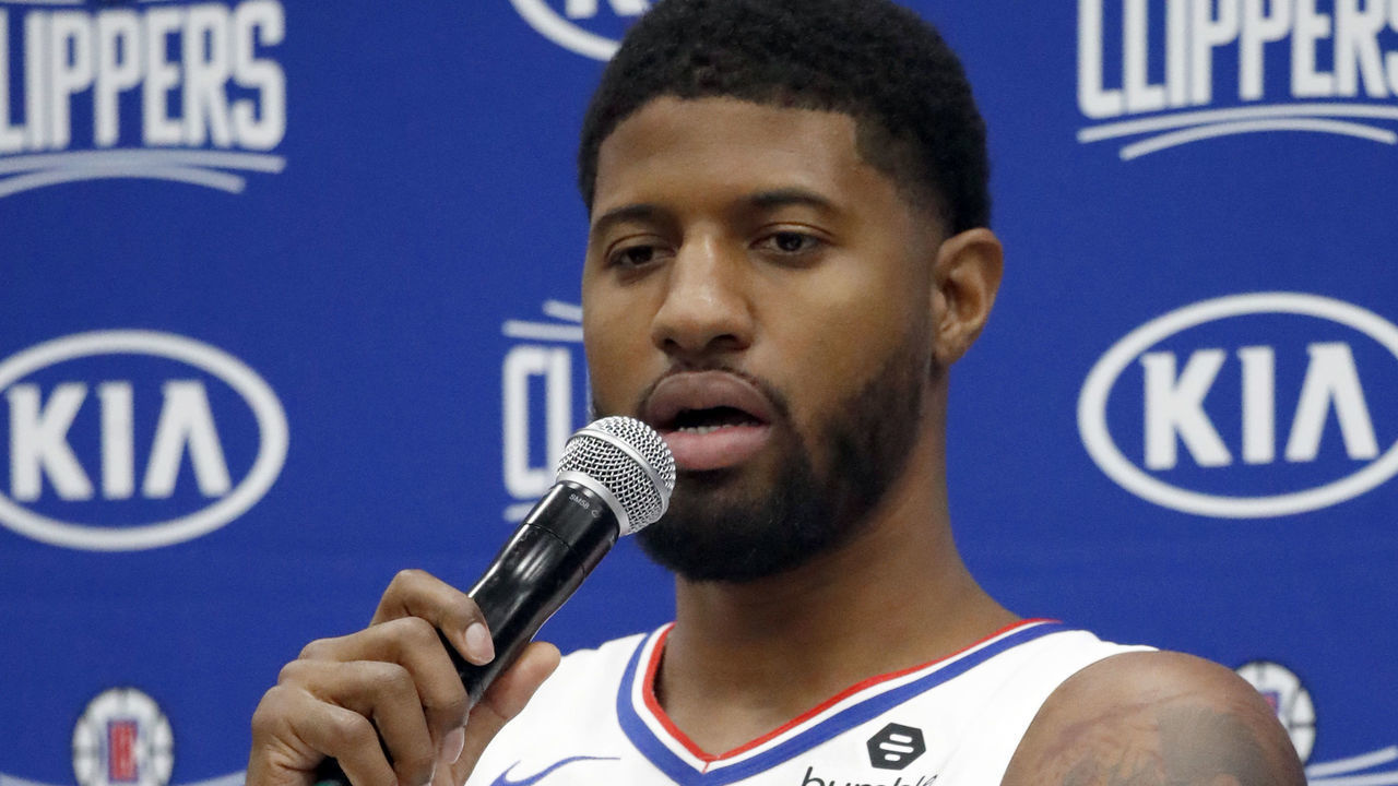 PLAYA VISTA, CALIFORNIA - SEPTEMBER 29: Paul George #13 of the LA Clippers speaks to the media during the LA Clippers media day at Honey Training Center on September 29, 2019 in Playa Vista, California.